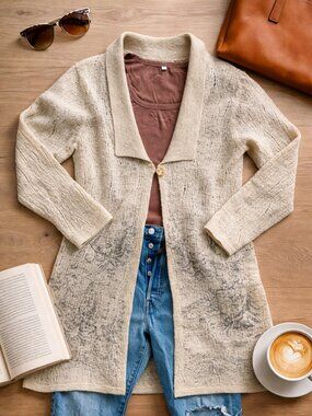 Vintage Coldwater Creek Wool Duster Cardigan Cream Tree River Graphic Long Boho